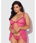 Yvone Lace Babydoll w/Front Closure & G-String 2 pc Set - Pink 3X/4X