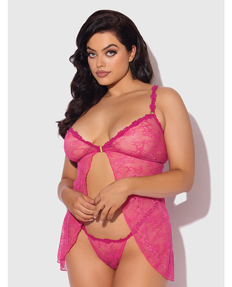 Yvone Lace Babydoll w/Front Closure & G-String 2 pc Set - Pink 3X/4X