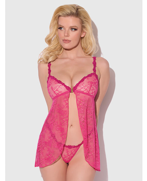 Yvone Lace Babydoll w/Front Closure & G-String 2 pc Set - Pink 3X/4X