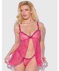 Yvone Lace Babydoll w/Front Closure & G-String 2 pc Set - Pink 3X/4X