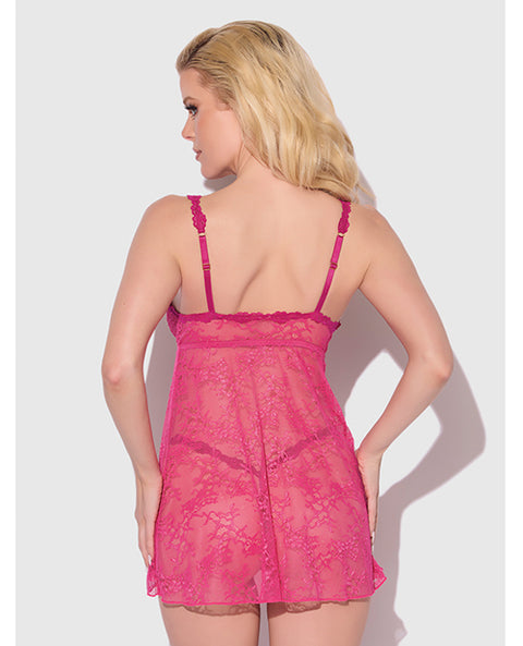 Yvone Lace Babydoll w/Front Closure & G-String 2 pc Set - Pink 3X/4X