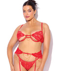 Cecily Lace Cut-Out Bra & Thong w/Garter Straps - Red 1X/2X