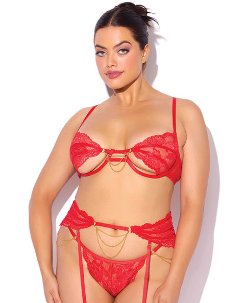 Cecily Lace Cut-Out Bra & Thong w/Garter Straps - Red XL