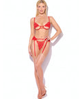 Cecily Lace Cut-Out Bra & Thong w/Garter Straps - Red XL
