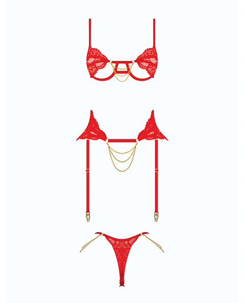 Cecily Lace Cut-Out Bra & Thong w/Garter Straps - Red 1X/2X