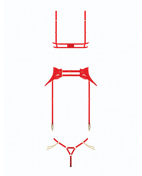 Cecily Lace Cut-Out Bra & Thong w/Garter Straps - Red XL