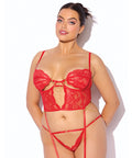 Cecily Lace & Mesh Bustier w/Thong & Garter Straps - Red SM