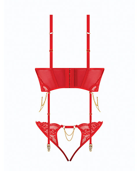 Cecily Lace & Mesh Bustier w/Thong & Garter Straps - Red SM