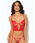 Cecily Lace & Mesh Bustier w/Thong & Garter Straps - Red LG
