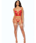 Cecily Lace & Mesh Bustier w/Thong & Garter Straps - Red LG