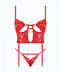 Cecily Lace & Mesh Bustier w/Thong & Garter Straps - Red LG