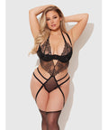 Eden Embroidered Lace & Mesh Teddy w/Garters - Black XL