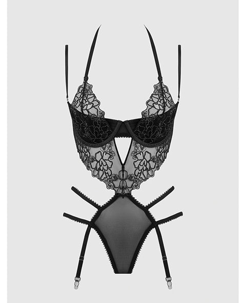 Eden Embroidered Lace & Mesh Teddy w/Garters - Black XL