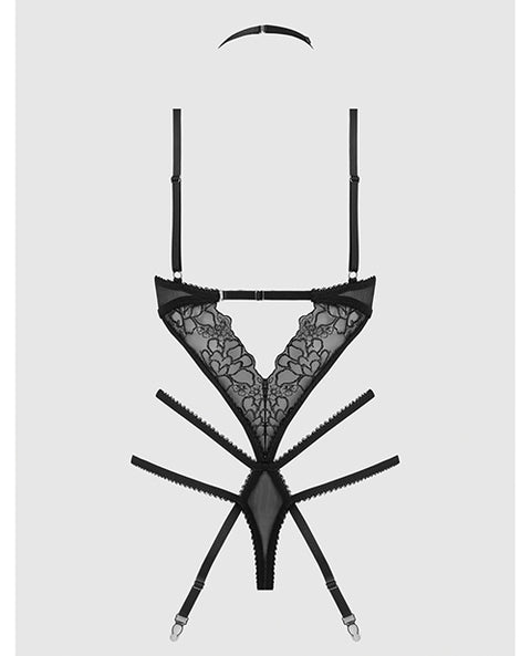 Eden Embroidered Lace & Mesh Teddy w/Garters - Black XL