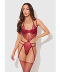 Eden Embroidered Lace & Mesh Teddy w/Garters - Dark Red LG