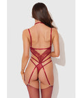 Eden Embroidered Lace & Mesh Teddy w/Garters - Dark Red LG