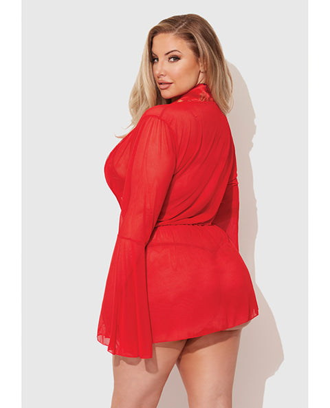 Dragon Sheer Mesh Robe w/Satin Triangle Top & G-String 3 pc Set - Red XL
