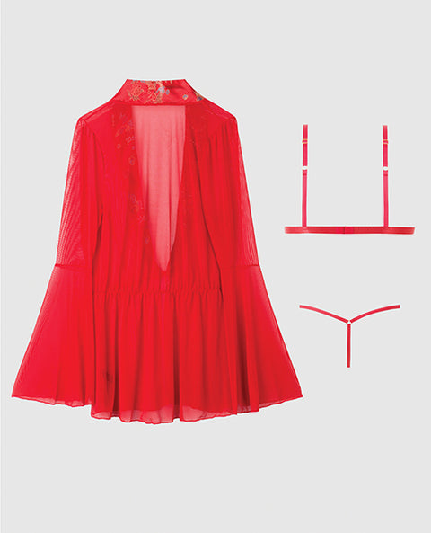 Dragon Sheer Mesh Robe w/Satin Triangle Top & G-String 3 pc Set - Red XL
