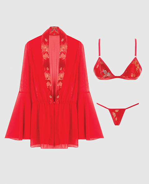 Dragon Sheer Mesh Robe w/Satin Triangle Top & G-String 3 pc Set - Red XL