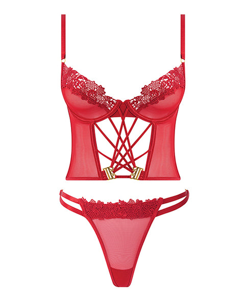 Ashley Alexiss Bustier w/Front Lace Up Ribbon Details & Matching High Cut Thong - Red SM