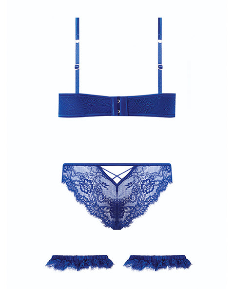 Madeline Lace & Mesh Bra, Garters, & Panty - Cobalt Blue SM