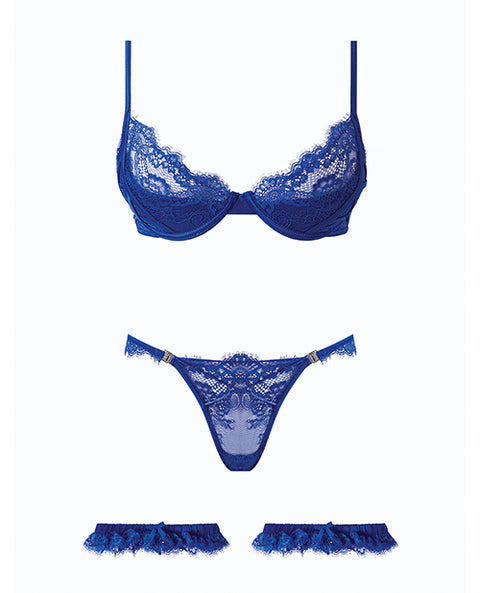 Madeline Lace & Mesh Bra, Garters, & Panty - Cobalt Blue XL