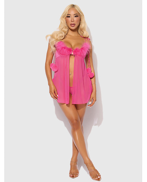 Marilyn Marabou & Mesh Babydoll & G-String Set - Pink