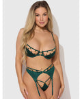 Evangeline Satin & Chain Push Up Bra, Thigh Garter Belt & G-String Set - Green LG