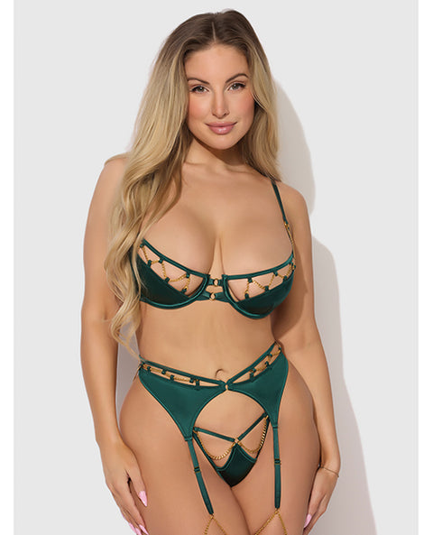Evangeline Satin & Chain Push Up Bra, Thigh Garter Belt & G-String Set - Green LG