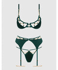 Evangeline Satin & Chain Push Up Bra, Thigh Garter Belt & G-String Set - Green LG