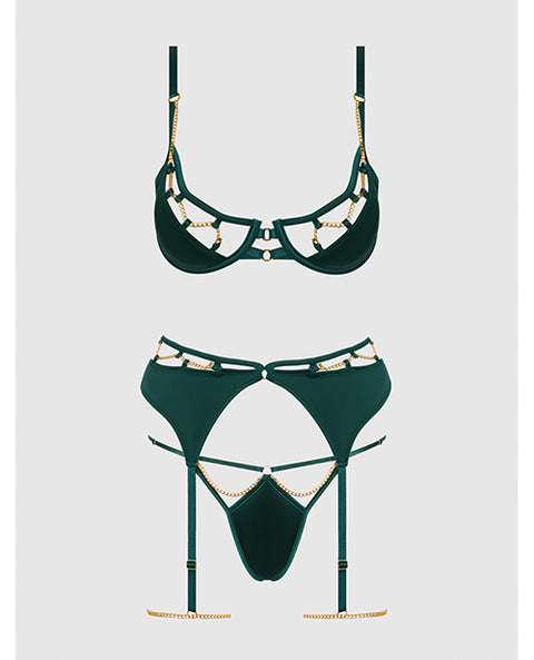 Evangeline Satin & Chain Push Up Bra, Thigh Garter Belt & G-String Set - Green LG