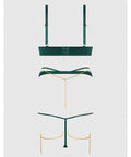 Evangeline Satin & Chain Push Up Bra, Thigh Garter Belt & G-String Set - Green LG