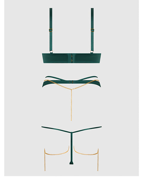 Evangeline Satin & Chain Push Up Bra, Thigh Garter Belt & G-String Set - Green LG
