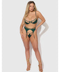 Evangeline Satin & Chain Push Up Bra, Thigh Garter Belt & G-String Set - Green LG