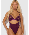 Yasmine Shimmer Mesh Slit Cup, Backless Teddy & Bralette Set - Burgundy LG