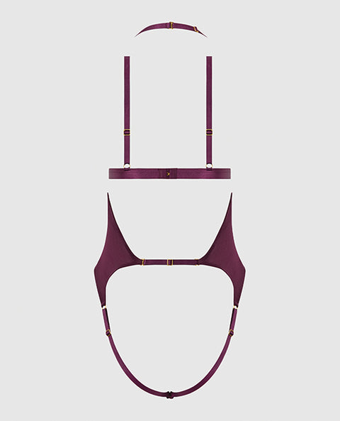 Yasmine Shimmer Mesh Slit Cup, Backless Teddy & Bralette Set - Burgundy LG