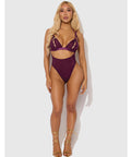 Yasmine Shimmer Mesh Slit Cup, Backless Teddy & Bralette Set - Burgundy LG