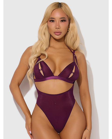 Yasmine Shimmer Mesh Slit Cup, Backless Teddy & Bralette Set - Burgundy LG