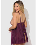Yasmine Shimmer Mesh O-Ring Slit Cup Babydoll & G-String Set - Burgundy