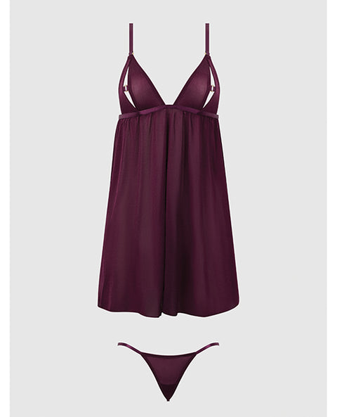 Yasmine Shimmer Mesh O-Ring Slit Cup Babydoll & G-String Set - Burgundy