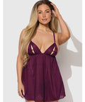 Yasmine Shimmer Mesh O-Ring Slit Cup Babydoll & G-String Set - Burgundy