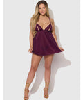 Yasmine Shimmer Mesh O-Ring Slit Cup Babydoll & G-String Set - Burgundy