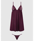 Yasmine Shimmer Mesh O-Ring Slit Cup Babydoll & G-String Set - Burgundy