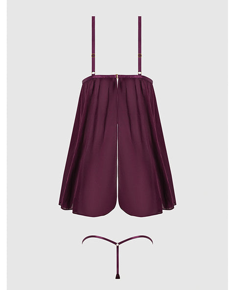 Yasmine Shimmer Mesh O-Ring Slit Cup Babydoll & G-String Set - Burgundy