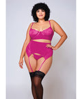 Soft Lace Bra, High Waist Satin & Mesh Garterbelt & G-String Fuchsia