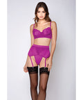 Soft Lace Bra, High Waist Satin & Mesh Garterbelt & G-String Fuchsia