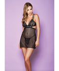 Strappy Soft Cup Stripe Mesh Caged Under Bust Chemise & G-String Black
