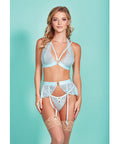 Mercedes Cross Dyed Galloon Lace Strappy Halter Bra, Garter Skirt & G-String Light Blue