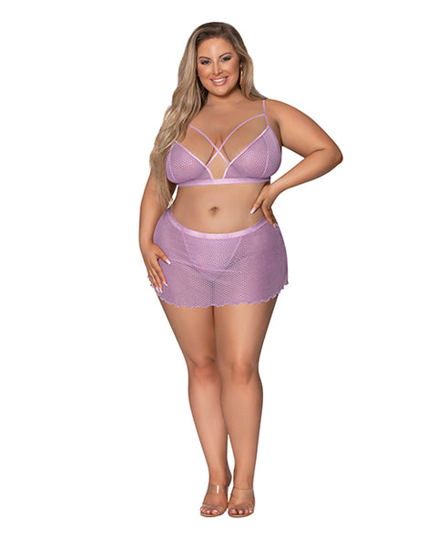Girl Next Door Strappy Bralette W/Flirty Thong Skirt Lilac