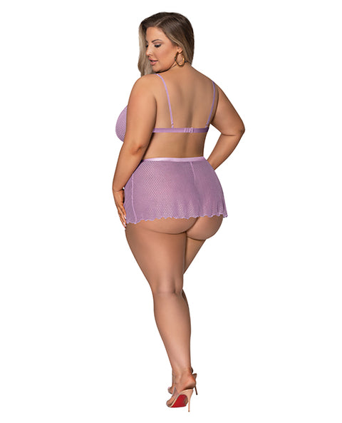 Girl Next Door Strappy Bralette W/Flirty Thong Skirt Lilac